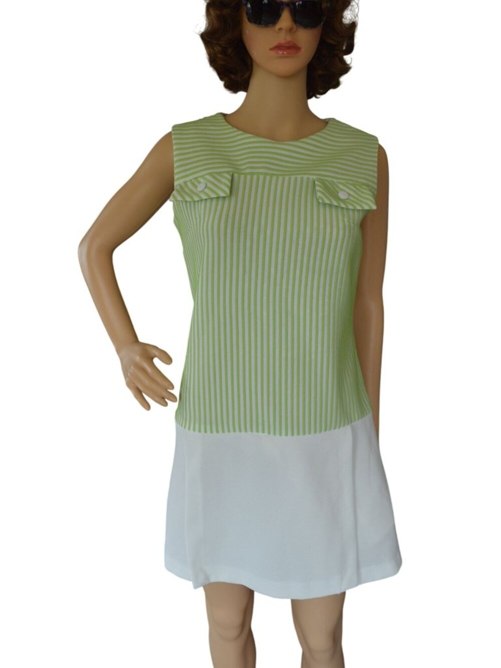 Vintage 1960s Lime Green White Striped Drop Waist Mini Dress Womens Size Small